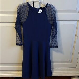 Express Navy Blue Dress with Sheer Polka Dot Sleeves. NWT
